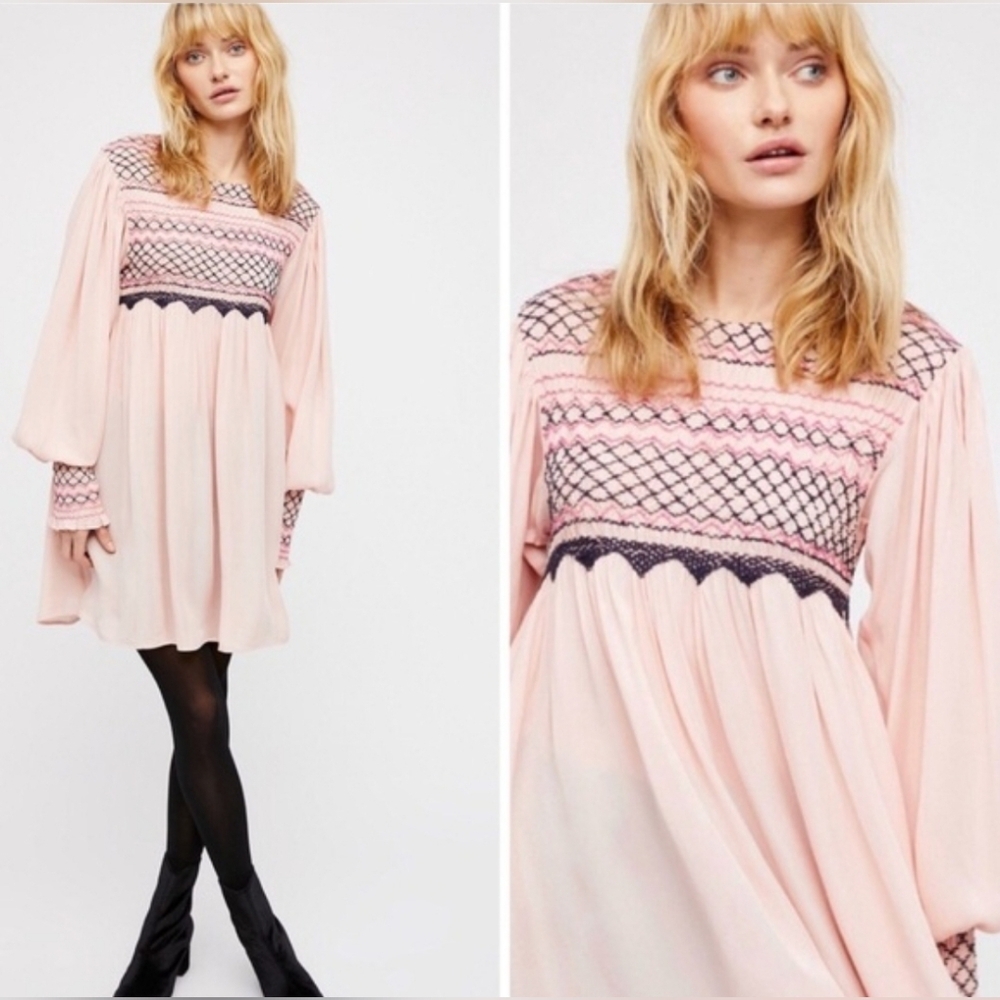 Free People Pink Long Sleeve Smocked Mini Shift Dress Size Small - Picture 7 of 7